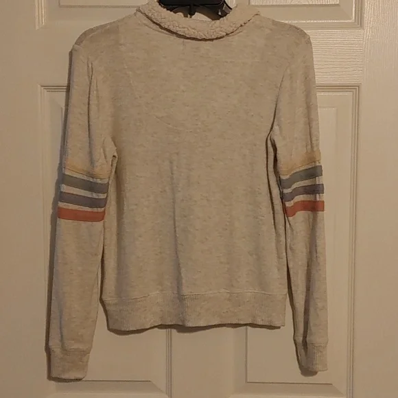 Pink Republic Cream Sherpa Pullover Sz XS Striped Elbow Detail Soft 3/4 Zip Up - Picture 3 of 4